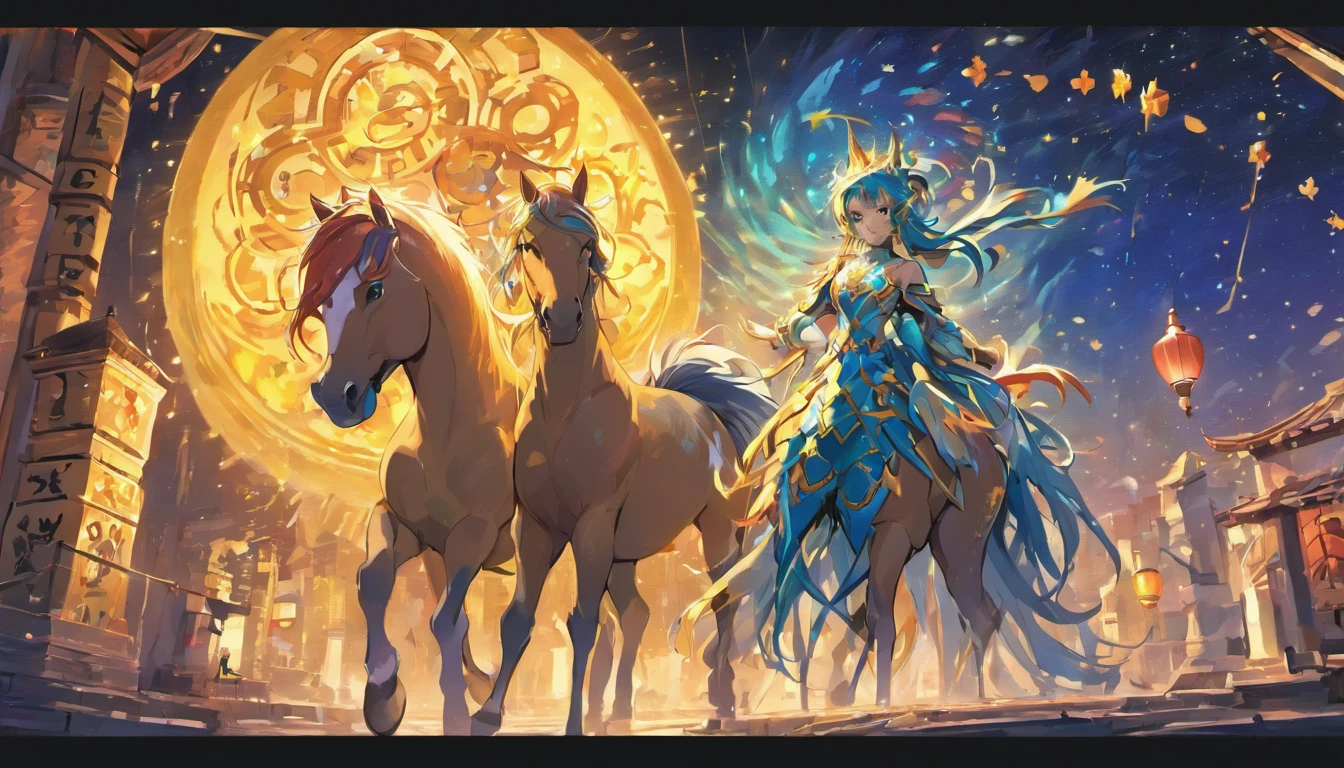 Mid-Autumn Festival,(large moon),(((((Zodiac horse))))),tradit,celebrating,fire works,((Kongming Lantern)),Don't anthropomorphize,Don't be human,Horse station on the block