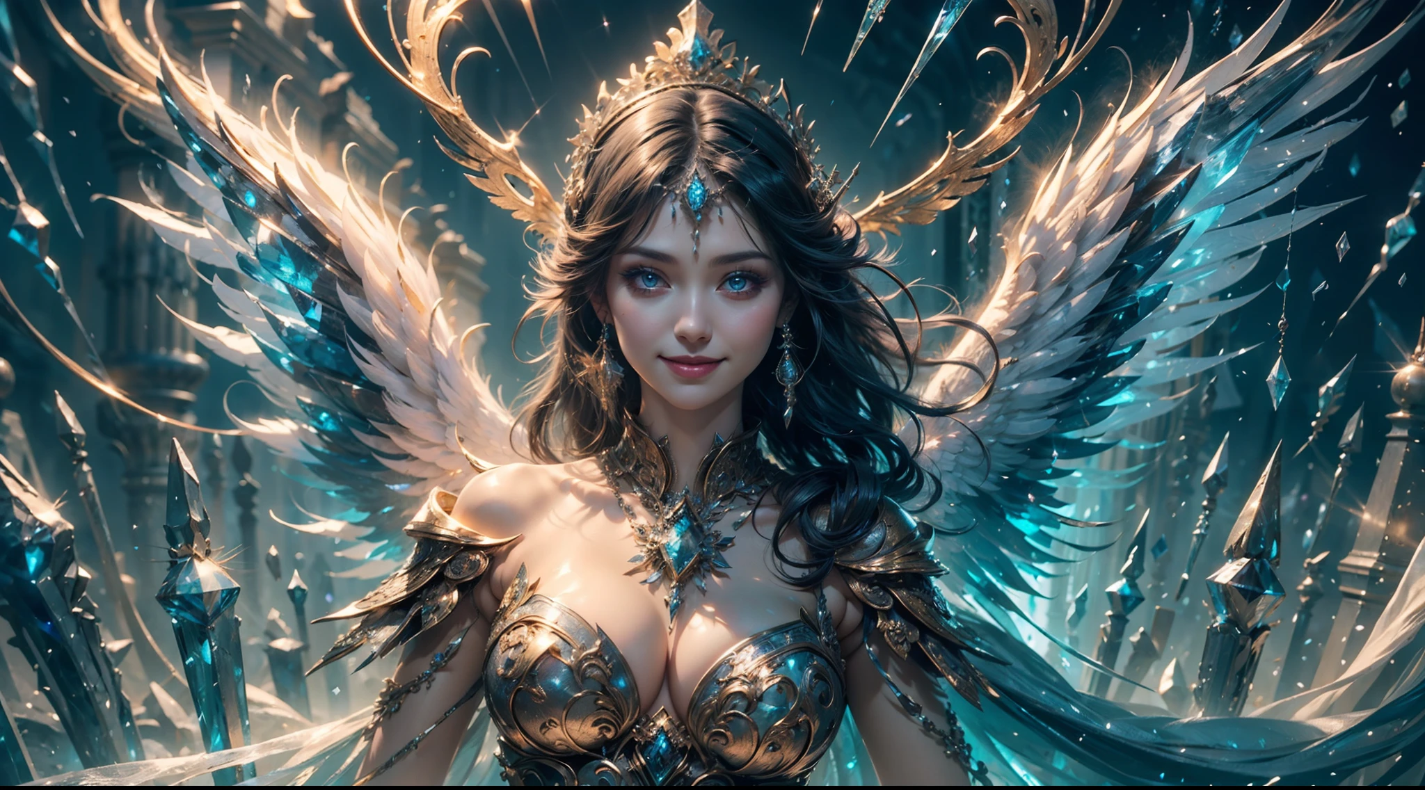 (Smile:1.3), Female angel, Angel wings, Large breasts,Complex surface details, Crystalcore, Bejeweled, Delicate close-up dress, Highly detailed fantasy characters, Amazing community, intricately ornamented, detailed fantasy digital art,