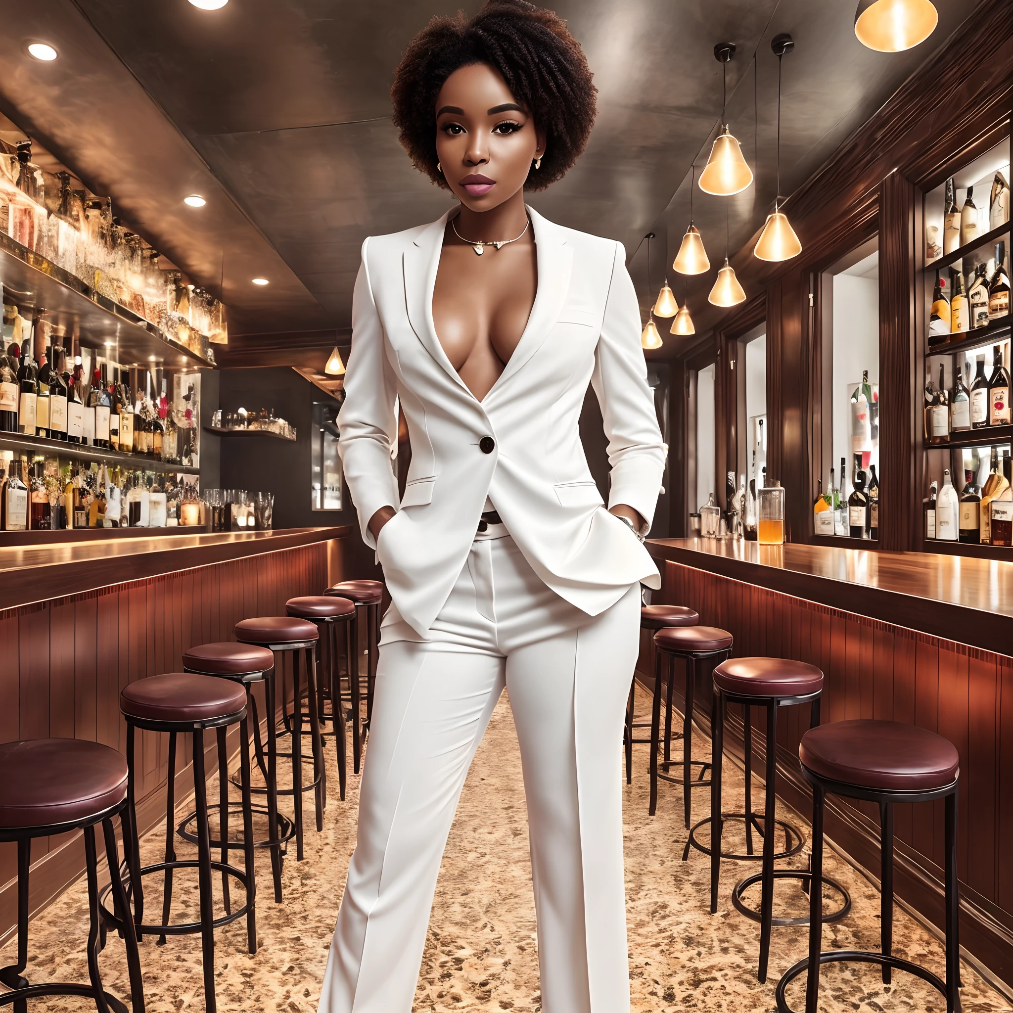 African woman as a famous Instagram influence, wearing white suit with deep v-neck; standing drinking whysky, in a bar, looking at viewer, full body photoshoot, seductive --auto --s2