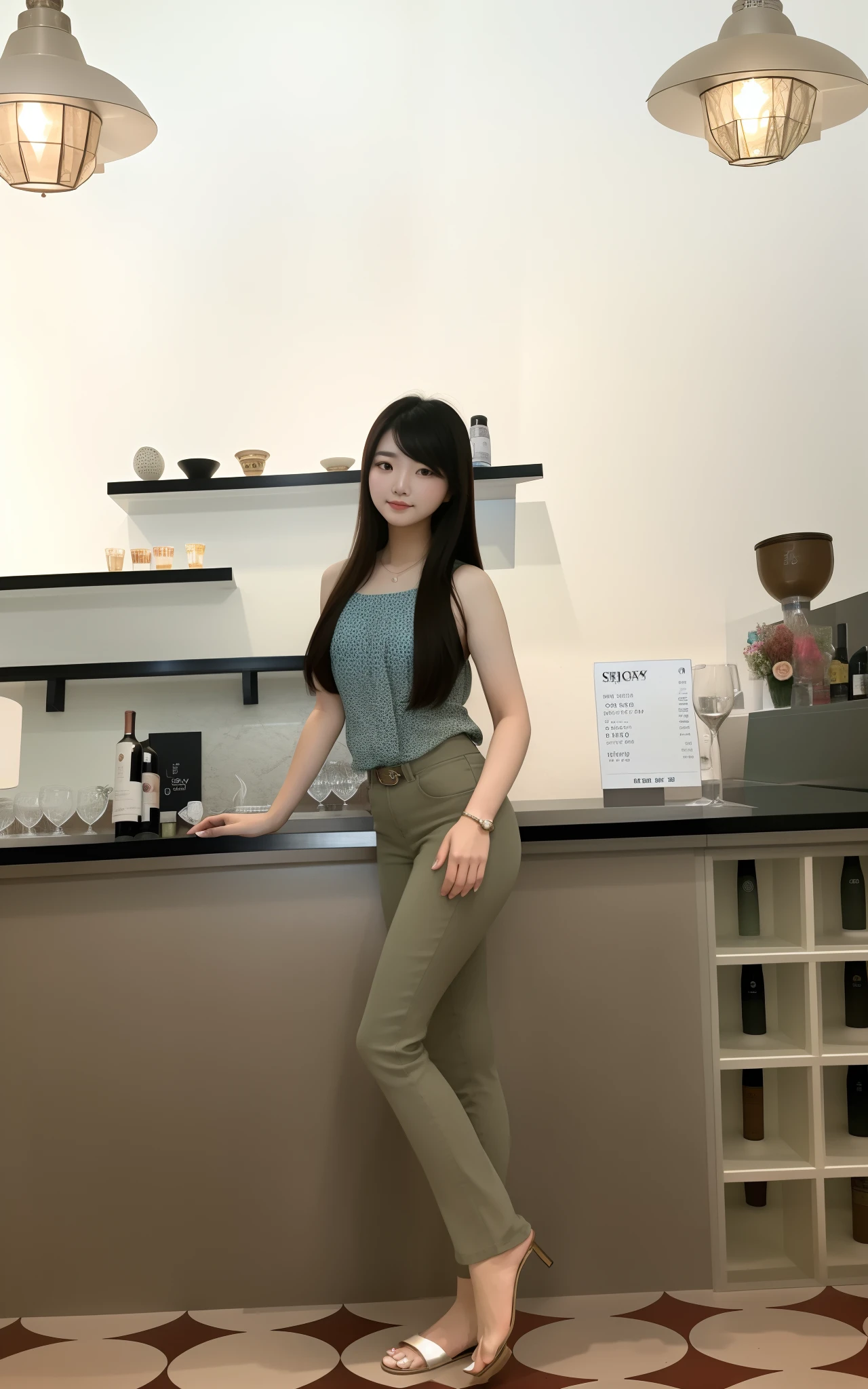 Araved woman standing in front of the counter with a wine glass, Mysterious bar girl, jaeyeon nam, Choi Hyun-hwa, Shin Jinying, full body cute young lady, Casual pose, shot on leica sl2, ChineseGirl, casual photography,，