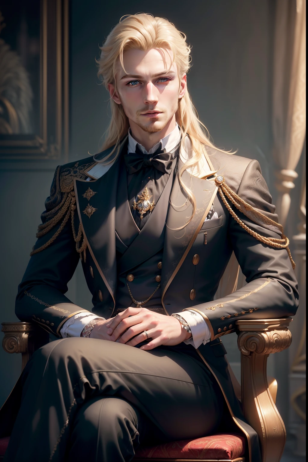 (ultra-detailed), (highly detailed), (best quality), (realistic), (photorealistic:1.37), (HDR), (UHD), (sharp focus), (physically-based rendering), (professional), (vivid colors), (bokeh), (portraits:1.1), (elegant), (royal), (bad boy), (blonde hair), (cirly hair), (blue eyes), (male), (beautiful detailed eyes), (beautiful detailed lips), (extremely detailed eyes and face), (longeyelashes), (elegant sitting posture), (luxe background), (royal clothing), (confident expression), (stylish), (sophisticated), (dashing), (impeccable grooming), (mysterious aura), (fine details on clothing), (rich color palette), (refined features), (fashionable), (classic charm), (distinguished)