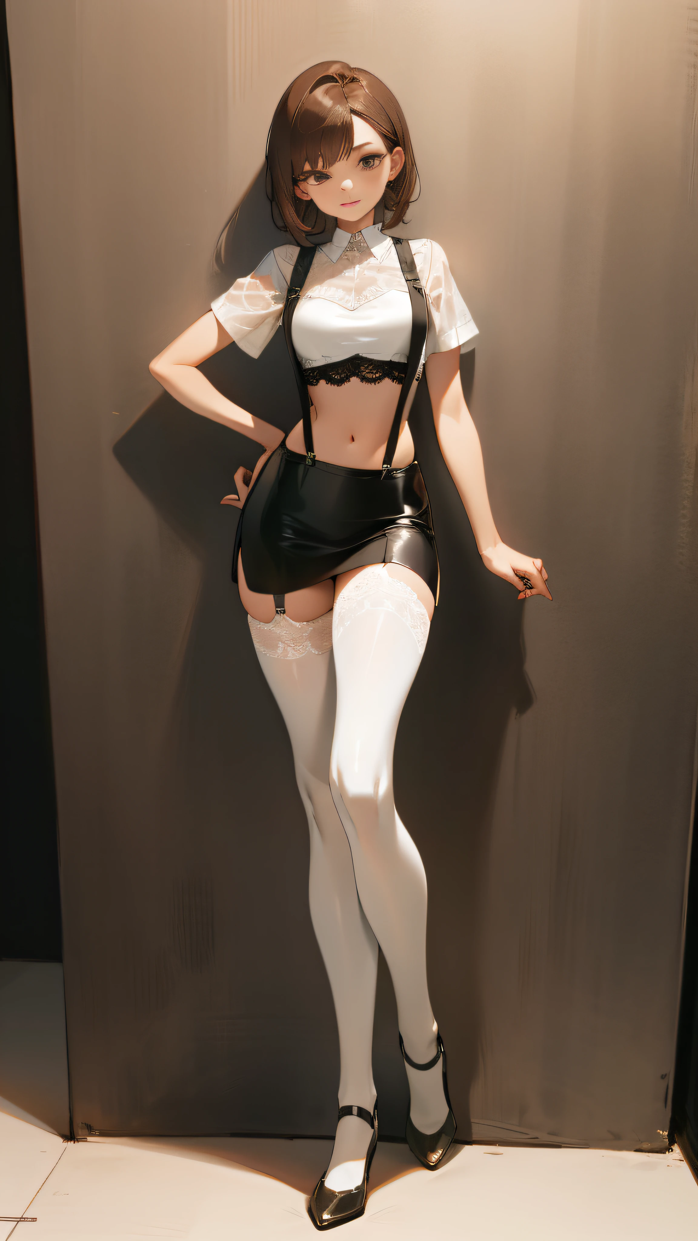 Tight leather skirt on the lower body,White lace suspender stockings,with short brown hair,White lace crop top,Sexy and sultry pose,The expression is charming,Full body photo