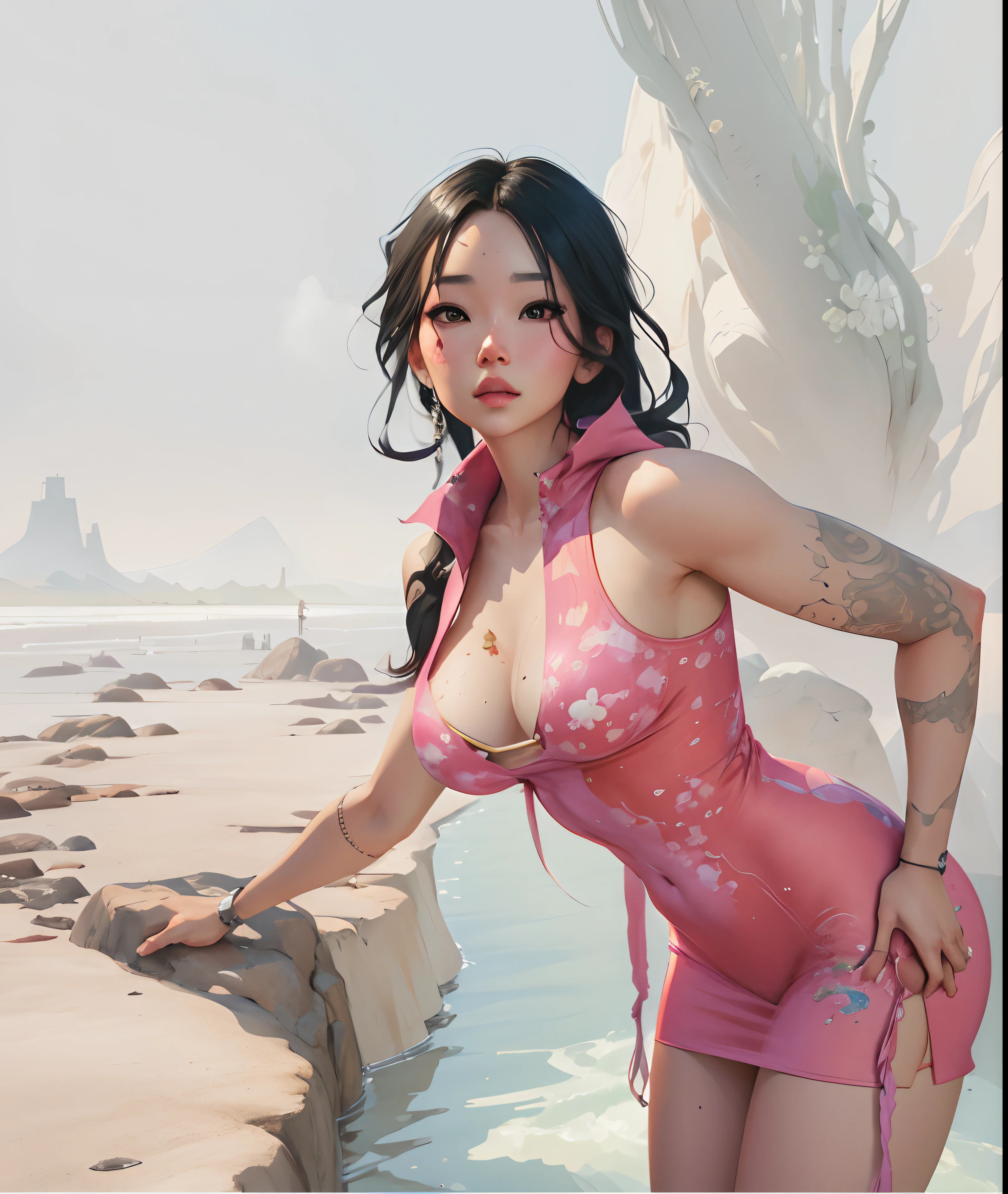 Hay una mujer con un vestido rosa posando en una repisa, Obras de arte al estilo de Guweiz, digital anime illustration, Al estilo de Ross Tran, Arte de anime digital, Ross Tran 8 K, Estilo Ross Tran, Ross Tran. scenic background, Arte conceptual digital suave, Arte de anime digital avanzado, deviantart artstation cgscosiety, inspirado por Ross Tran