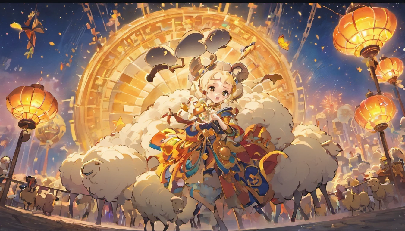 Mid-Autumn Festival,(large moon),(((((Zodiac sheep))))),tradit,celebrating,fire works,((Kongming Lantern)),Don't anthropomorphize,Don't be human,