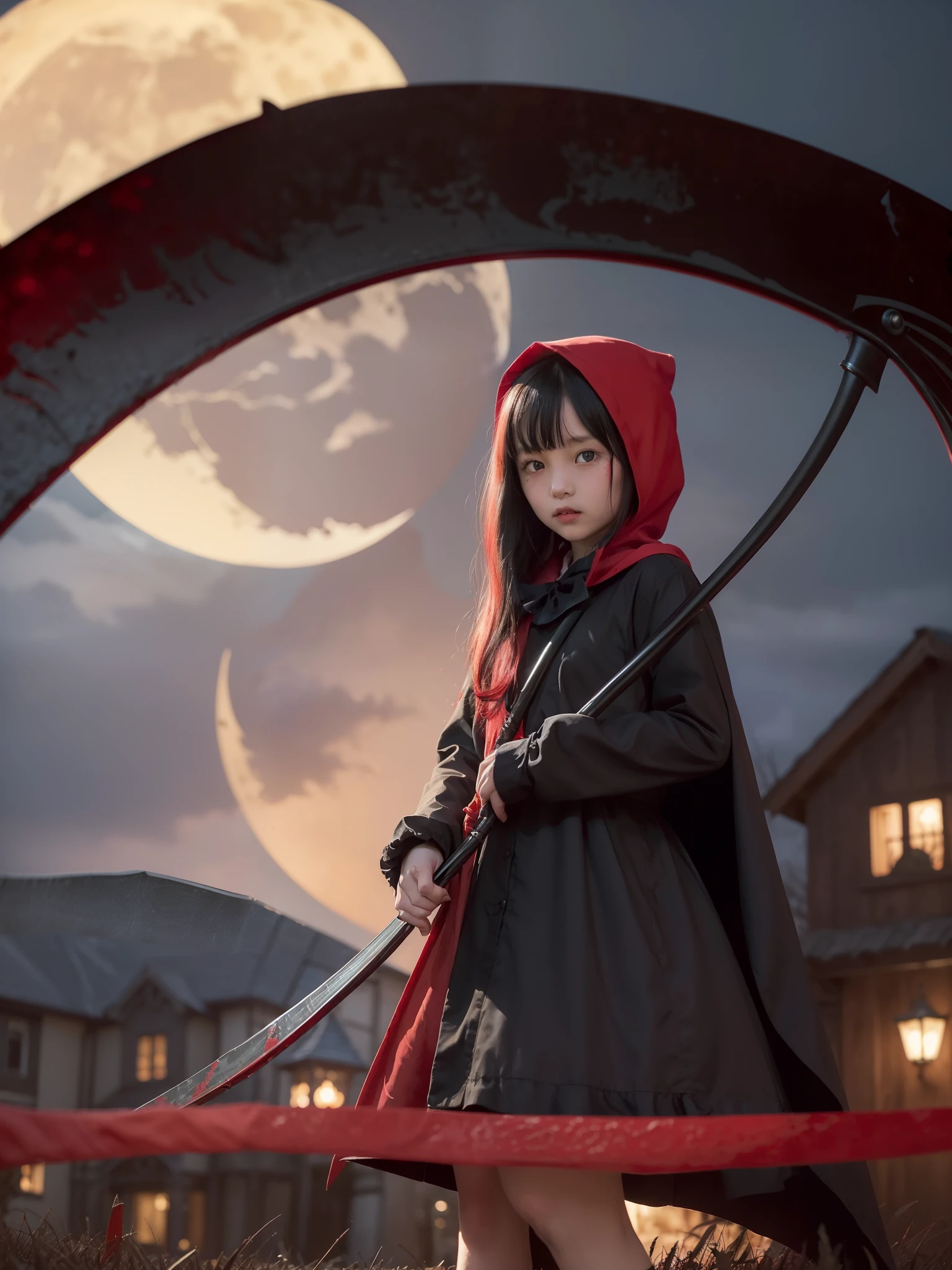 (With a red and black scythe:1.3)、Sickle with blood:1.1、(red hairs:1.3)、 Girl、Littleface、(Little Red Riding Hood:1.3)、Clothes like dresses with frills、(Halloween world view at night:1.2)、Moon and bat on background:1.2