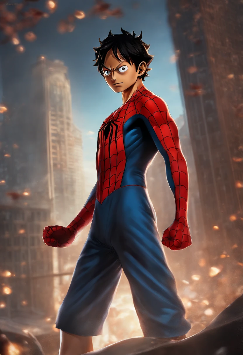 Realistic, detailed, Luffy one piece wearing Spiderman suit, standing, full body