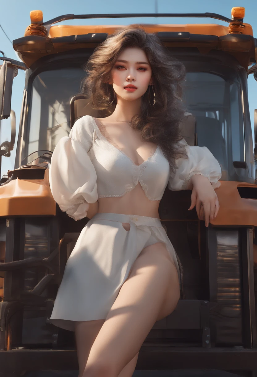 masterpiece, top quality, highly detailed, Unity 8k wallpaper, (riding a crane truck), firmament, girl 1 person, heavy machinery, gradient hair, hair between eyes, ahoge, : 16,ooking back, pretty face, white neeso,