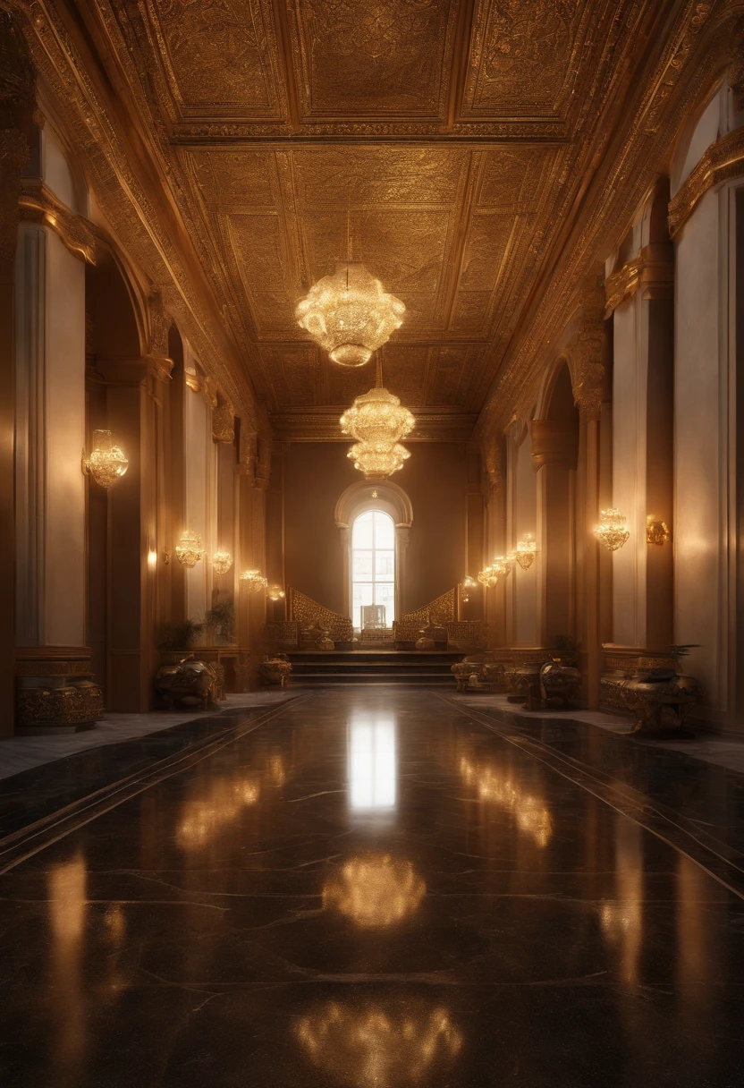 "Create a semi-realistic 3D scene of a stunning environment. The hall, constructed with volcanic stones and adorned with golden ornaments, exudes an aura of power and authority. A lengthy marble walkway stretches across the floor, leading to the courtroom. Capture the intricate details of the volcanic stone architecture, the luster of the golden embellishments, and the sense of grandeur that permeates the hall. Ensure that the lighting highlights the textures and adds depth to this magnificent setting."