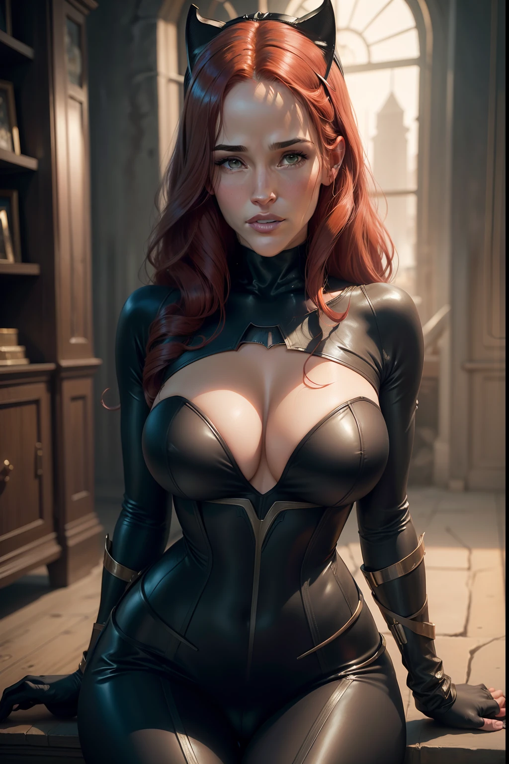 ((Jennifer Garner as Electra)), (((as catwoman))), ((very revealing outfit)),( (red hair)), ((show lots of cleavage)), ((low cut outfit)), ((skimpy outfit)), (Masterpiece, 4k resolution, ultra-realistic, very detailed), [ ((25 years), (long red hair:1.2), full body, (green eyes:1.2), ultra-high definition, very realistic, very detailed. It shows a superheroine. cameltoe, camel toe.