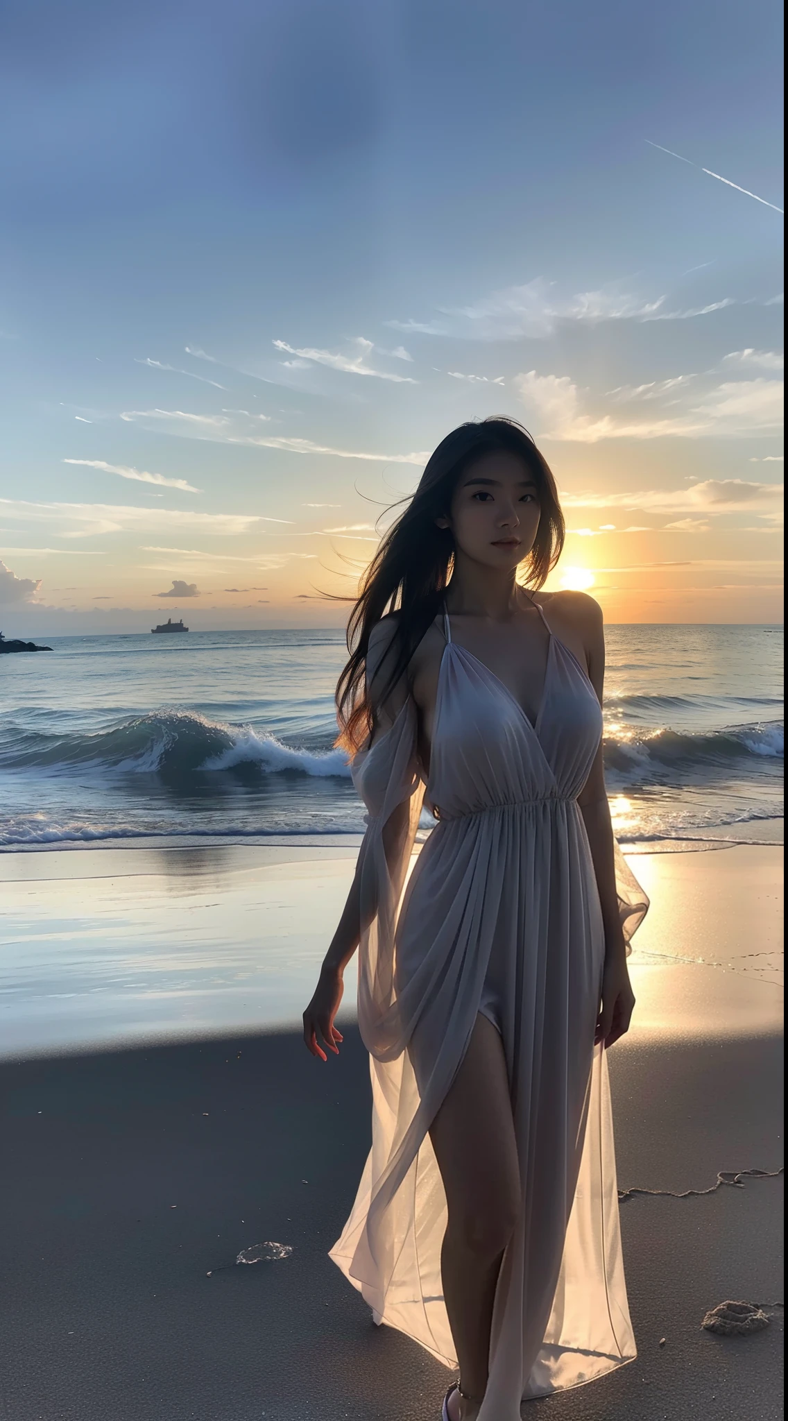 Beautiful Japan Adult Woman、in translucent dress on the beach at sunset, exquisite clothing detail, High-resolution format,hyper realistic photography, Highly detailed, detailed hairs, Detailed skin, Detailed eyes,
