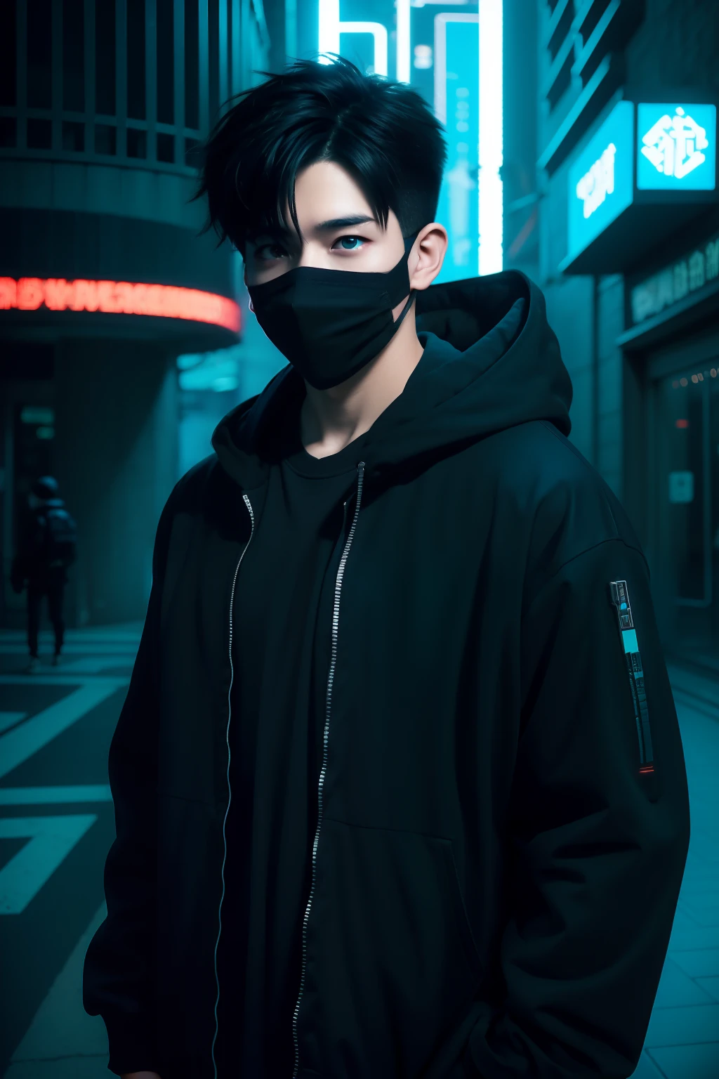 There was a boy wearing a mask and a black hoodie,With a knife in his hand, Hyper-realistic cyberpunk style,Digital cyberpunk anime style,cyan colors