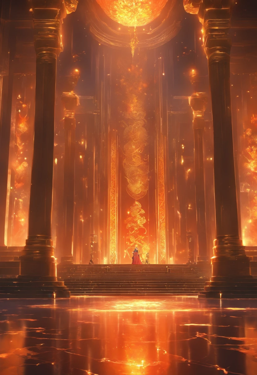 "Create a semi-realistic 3D scene of a stunning environment. The hall, constructed with volcanic stones and adorned with golden ornaments, exudes an aura of power and authority. A lengthy marble walkway stretches across the floor, leading to the courtroom. Capture the intricate details of the volcanic stone architecture, the luster of the golden embellishments, and the sense of grandeur that permeates the hall. Ensure that the lighting highlights the textures and adds depth to this magnificent setting."