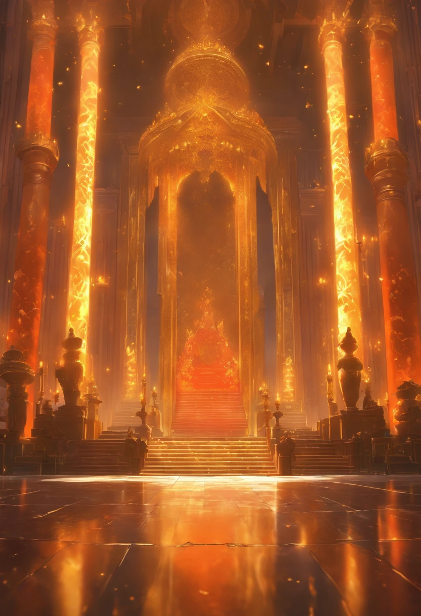 "Create a semi-realistic 3D scene of a stunning environment. The hall, constructed with volcanic stones and adorned with golden ornaments, exudes an aura of power and authority. A lengthy marble walkway stretches across the floor, leading to the courtroom. Capture the intricate details of the volcanic stone architecture, the luster of the golden embellishments, and the sense of grandeur that permeates the hall. Ensure that the lighting highlights the textures and adds depth to this magnificent setting."