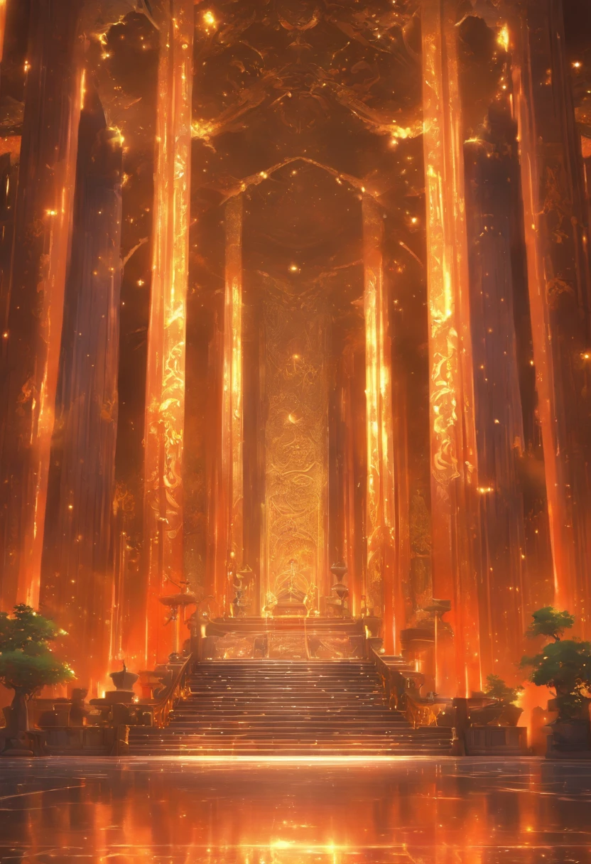 "Create a semi-realistic 3D scene of a stunning environment. The hall, constructed with volcanic stones and adorned with golden ornaments, exudes an aura of power and authority. A lengthy marble walkway stretches across the floor, leading to the courtroom. Capture the intricate details of the volcanic stone architecture, the luster of the golden embellishments, and the sense of grandeur that permeates the hall. Ensure that the lighting highlights the textures and adds depth to this magnificent setting."
