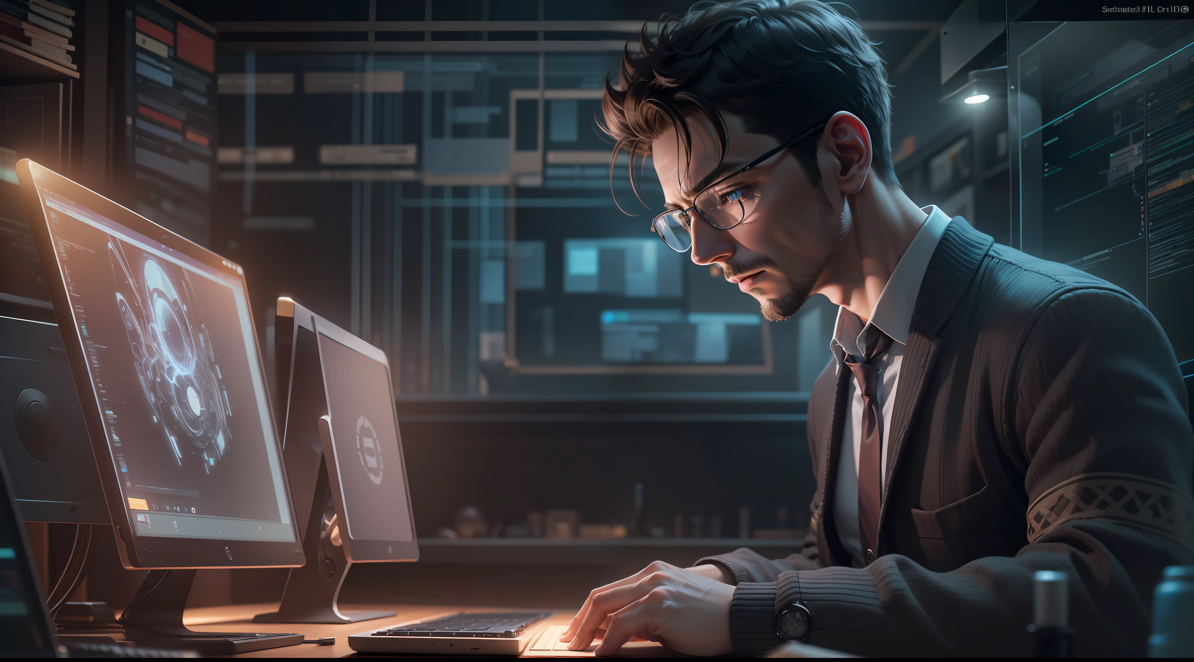 A smart guy is using a technological computer for searching some information, which is very important to solving a sensible case, Photo Shoot, SSAHC, Photorealism, 8K Masterpiece, Hyper Realistic, Realistic Intricate Details, Finely Detailed Texture and Ambient Lighting, Glowing Illumination, 2d anime style