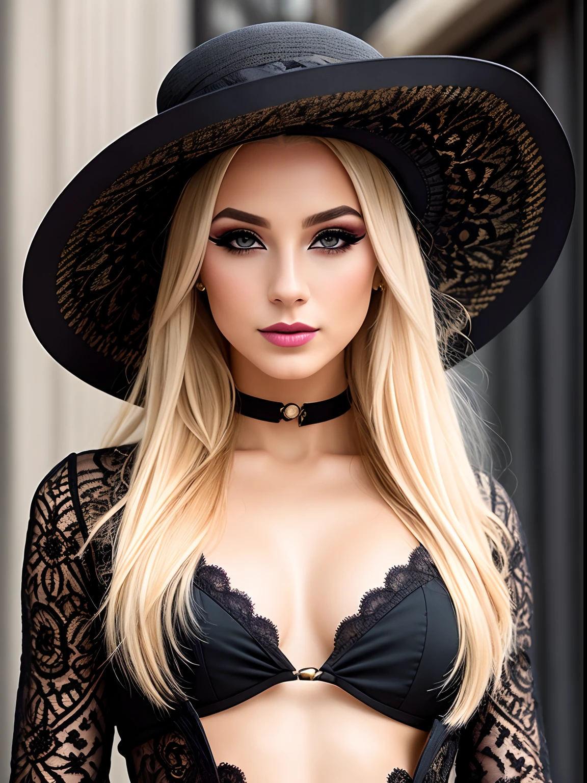 A portrait of a blonde, (makeup:1.4), amazing body, (fit body:1.2), lace outfit, highly detailed fur, natural skin texture, 4k textures, detailed belly, Highly detailed perfect smooth skin, Lightroom, Intricate, Ultra-Realistic, Out There, (HDR:1.3), UHD, (Intricate Detail, Hyper-Detailed:1.1), Cinematic, Photoreal, (Dark Shot:1.2), Dramatic, High Contrast, (Warm Color:1.1) , muted colors, master piece, elegant, sharp focus, large brim elegant floppy hat