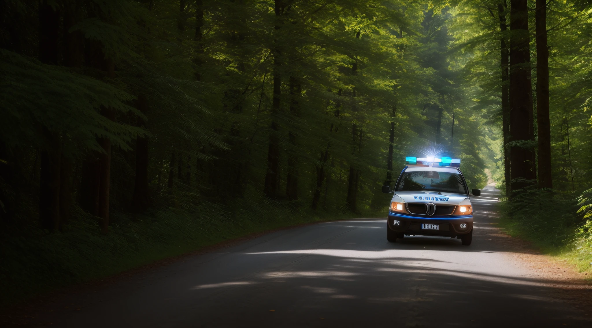 A police car on a road in a black forest, captured through the lens of a 35mm camera in photography. The scene is framed by the lush foliage of the forest, and the police car is bathed in the warm, dappled sunlight filtering through the trees. The image captures a serene moment in this natural setting, with the car standing as a symbol of security amidst the wilderness. --v 5 --stylize 1000