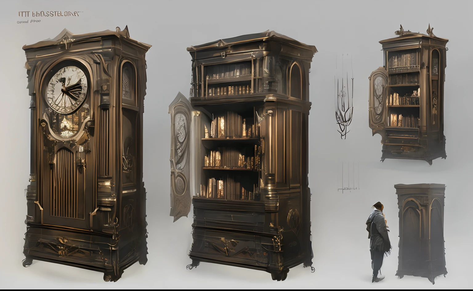 The tall cabinet with clock has three different views, object concept art, prop design, ultra detailed concept art, by senior environment artist, high detail concept art, senior concept artist, detailed conceptual drawing, concept art highly detailed, Ultra detailed concept art, artstation concept, stylistic furniture, highly detailed concept art, artstation concept art