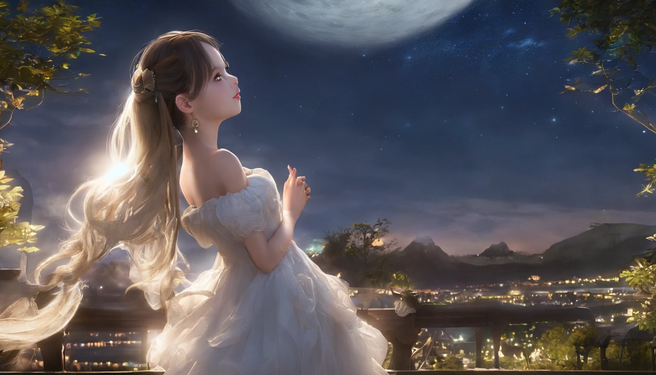 the night,The sky is full of stars,The bright moon hangs in the hollow,Illuminate all around。The angle of a slight top-down view from the ground,We can clearly see the young girl sitting on a small hillside。The graphic style needs to be realistic,Requires texture and detail close to real photography。
The girl wore a long white dress,The skirt flutters gently in the wind。Her hair fell naturally over her shoulders,Every strand of hair is revealed in great detail。Her facial features are clear,Look at the sky,The starlight reflected in the eye contrasts harmoniously with the surrounding stars。Her body tilted slightly,Hands to the sky,It seems that you can feel the touch of the stars at the tips of your fingers。
From the top left corner,The moon's rays shine obliquely down,Hit the the cheek、On the arms and skirt,Creates a soft halo,This allows her skin and clothing to show natural details and textures。
