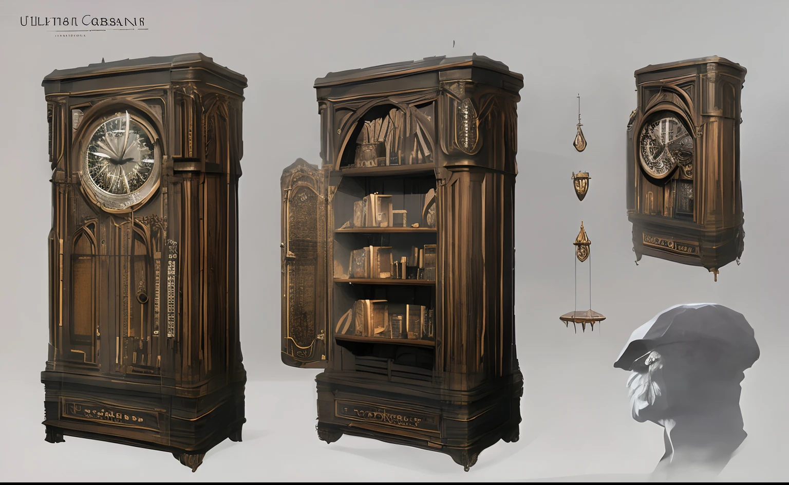 The tall cabinet with clock has three different views, object concept art, prop design, ultra detailed concept art, by senior environment artist, high detail concept art, senior concept artist, detailed conceptual drawing, concept art highly detailed, Ultra detailed concept art, artstation concept, stylistic furniture, highly detailed concept art, artstation concept art