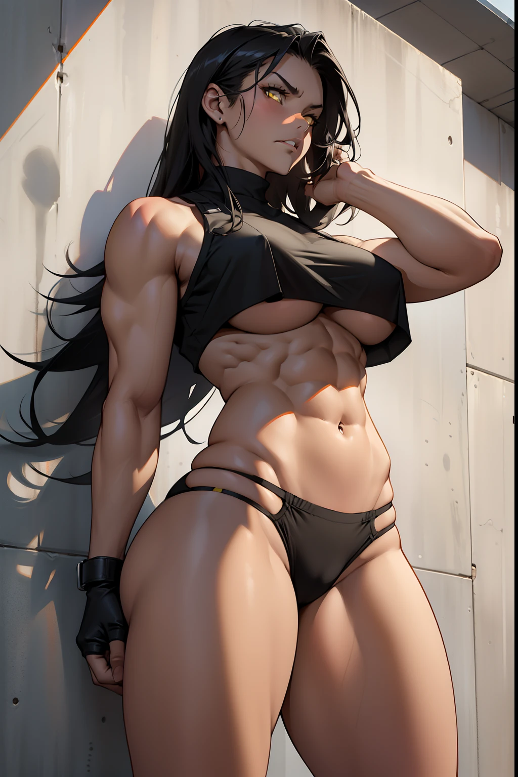 1 girl, solo, black, hair, extremely long hair, yellow eyes, angry, large breasts, thick thighs, curvy, wide hips, (muscular), toned body, crop top, (panties), navel, abs, concrete, underboob