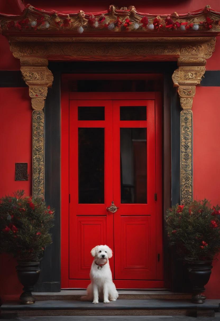 Red door，The door is an ancient tradition，Red decorative lantern，new year，There was a dog lying on his stomach in front of the door，The dog wears accessories with traditional patterns