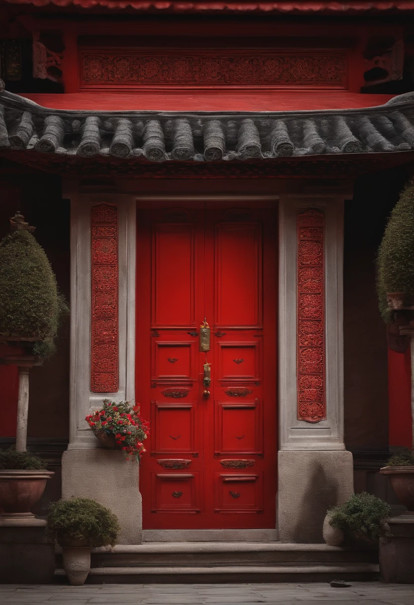 Red door，The door is an ancient tradition，Red decorative lantern，new year，There was a dog lying on his stomach in front of the door，The dog wears accessories with traditional patterns
