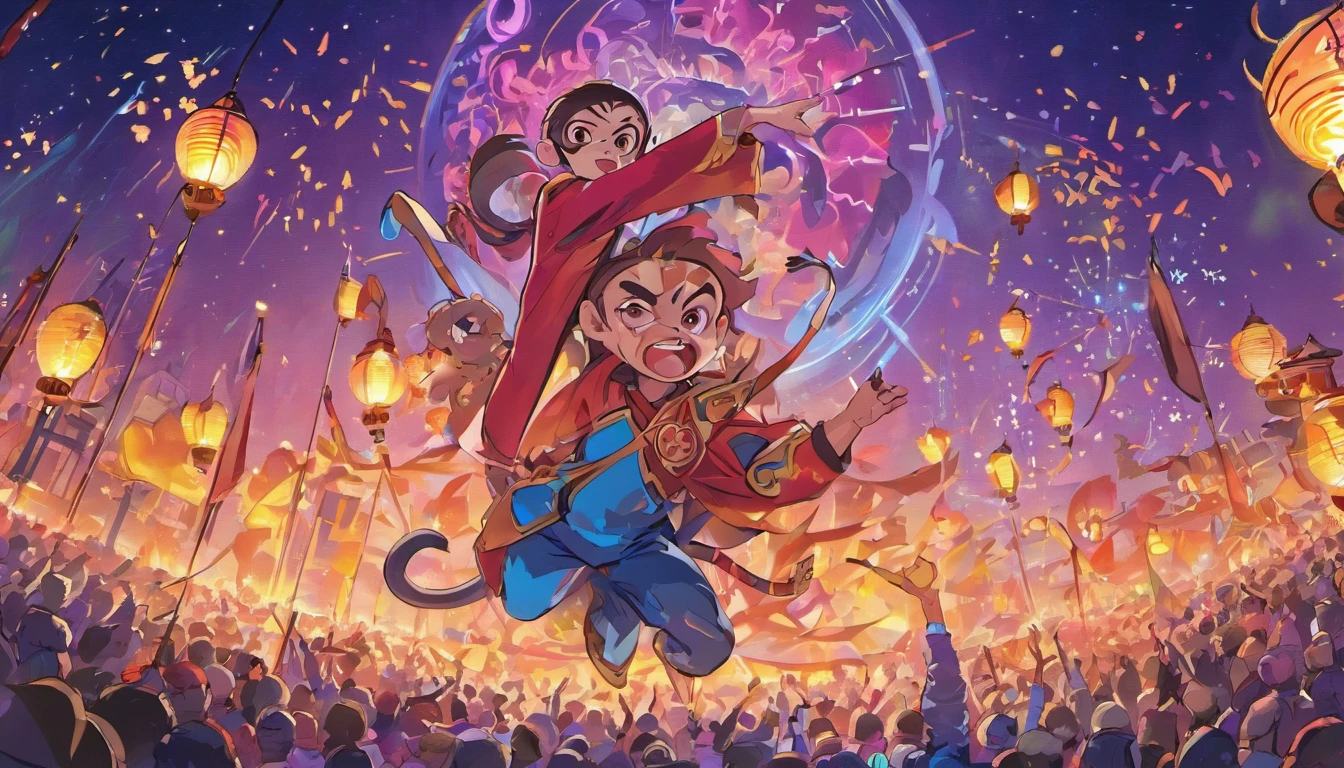 Mid-Autumn Festival,(large moon),(((((Zodiac monkey))))),tradit,celebrating,fire works,((Kongming Lantern)),Don't anthropomorphize,Don't be human,In the celebration street