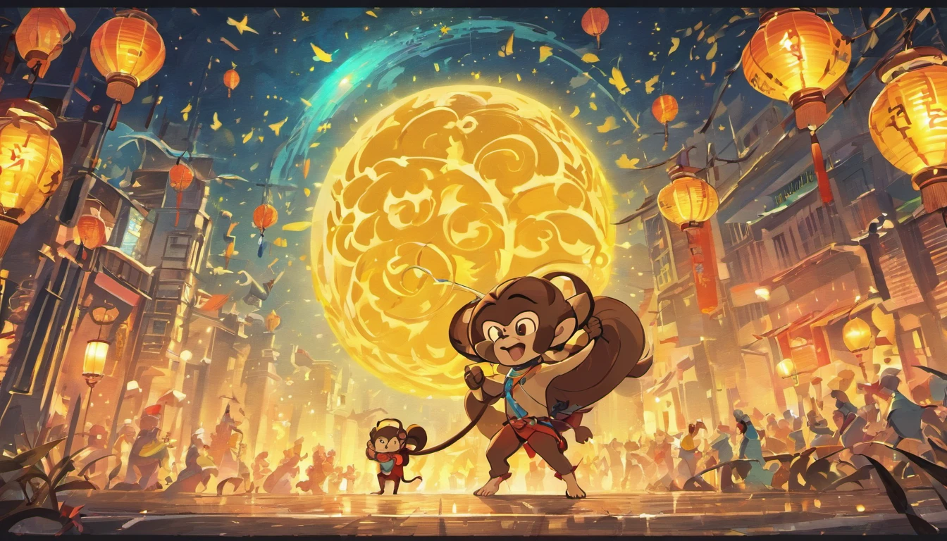 Mid-Autumn Festival,(large moon),(((((Zodiac monkey))))),tradit,celebrating,fire works,((Kongming Lantern)),Don't anthropomorphize,Don't be human,In the celebration street