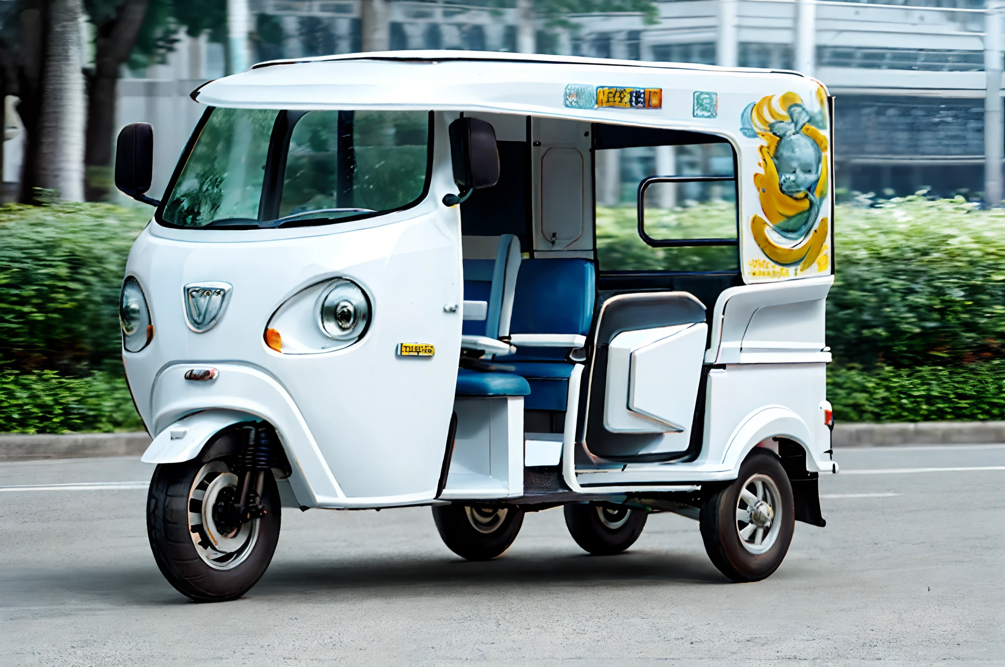 Three-wheeled tuk-tuk,White car paint shape,Rich shapes,Overall roundness,Drive on the streets of Cambodia。