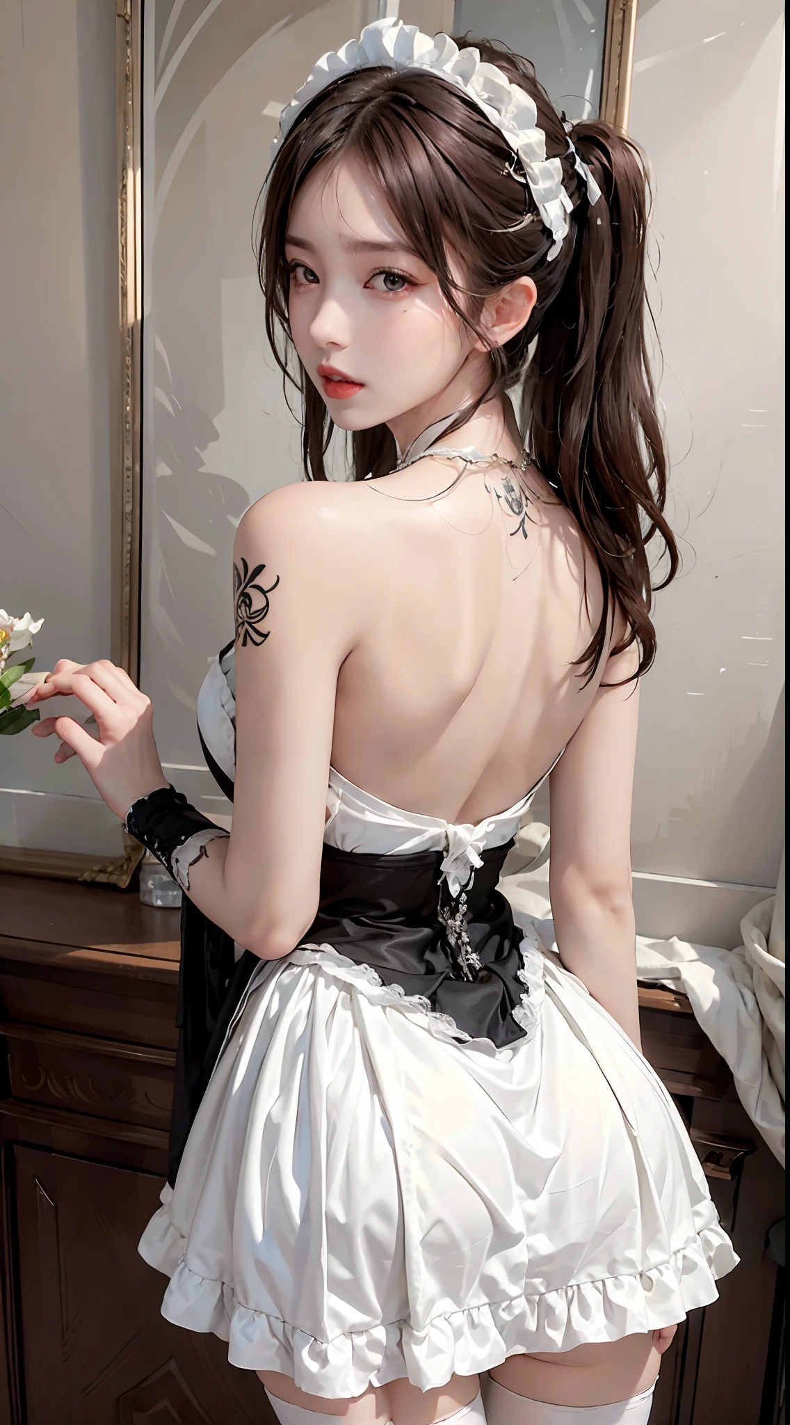 photorealistic, high resolution, soft light,1women, solo, hips up, (detailed face),tattoo, jewelry, wearing sexy maid dress, long hair, back view