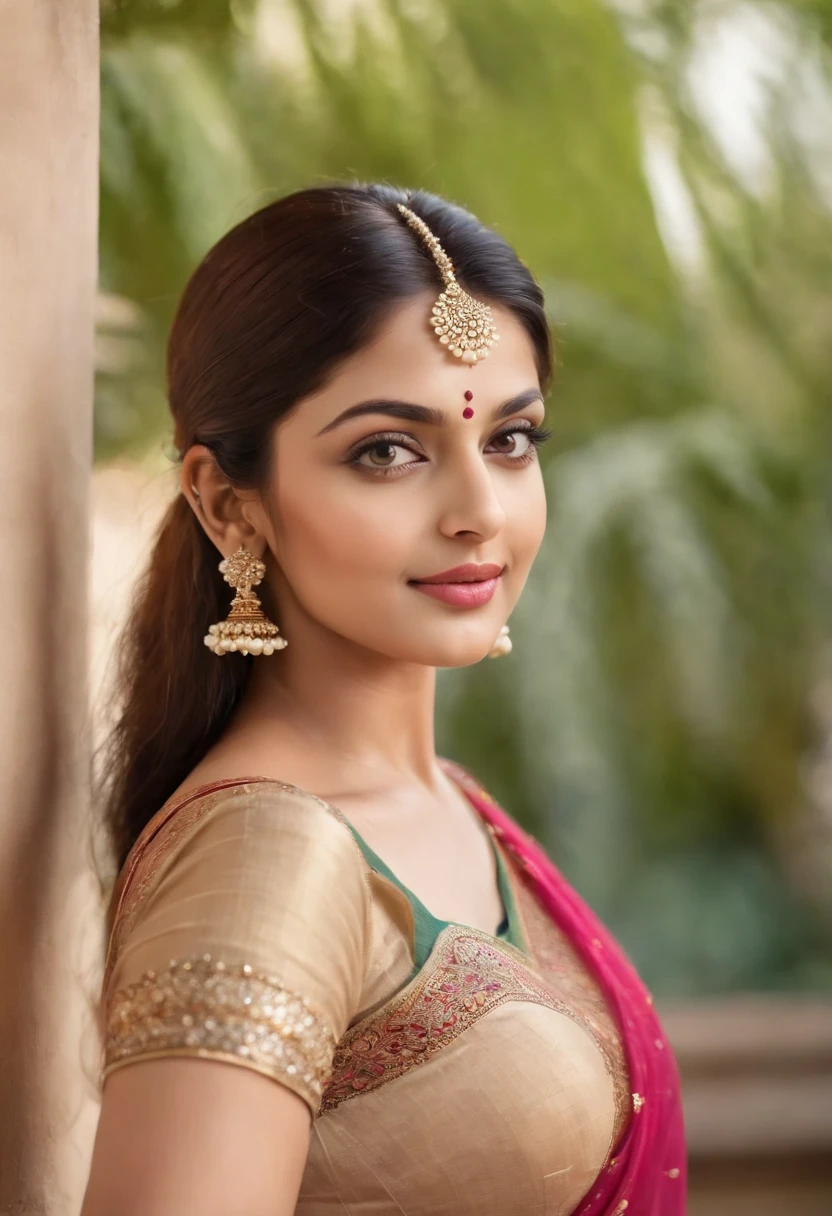 (best quality,4k,8k,highres,masterpiece:1.2),ultra-detailed,(realistic,photorealistic,photo-realistic:1.37),portrait,beautiful detailed eyes,beautiful detailed lips,extremely detailed eyes and face,longeyelashes,Indian beauty,Aishwarya Rai Bachchan,graceful,distinguished features,charming smile,milky complexion,expressive eyes,golden-brown hair,sleek and shiny,straight hair,traditional Indian attire,ornate jewelry,sparkling earrings,delicate necklace,brightly colored silk saree,enchanting background,flower garden,blooming flowers,vibrant colors,cascading water fountain,sunny day,natural sunlight,soft and warm lighting,ethereal atmosphere, wearing sports bra
