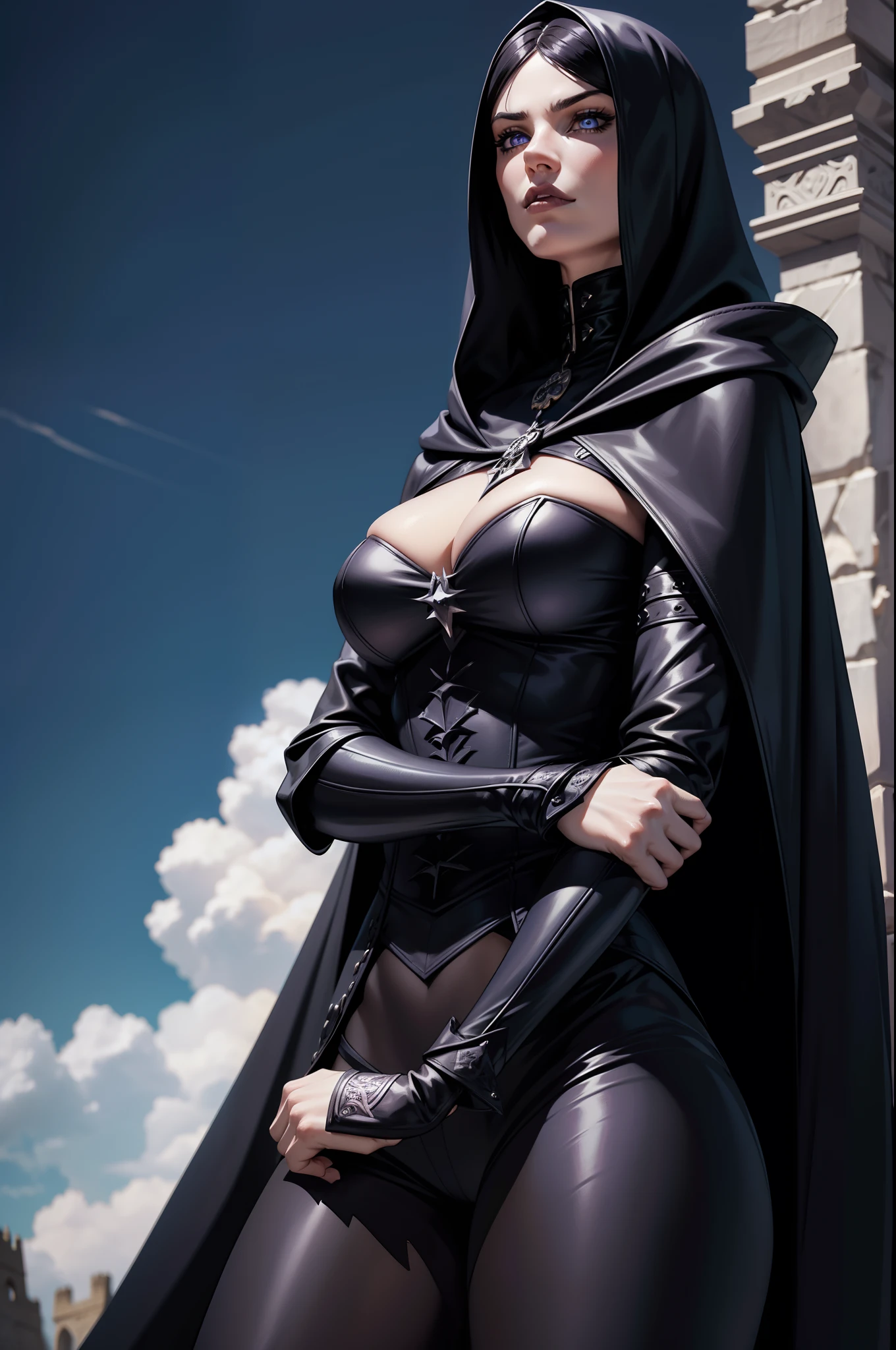 An adult female magician character wearing a hooded cloak and gothic armor with black details. Postura imponente, face with serious expression, hair in black color straight stuck, espada presa a cintura, hair in black color, livro preso a cintura, a remarkable beauty, Magnificent, blue eye color, Sky with magnificent clouds, torre de mago, castelo de magia, garments underneath the armor in purple color, arms crossed in an imposing pose and on top of a high rock, elfa