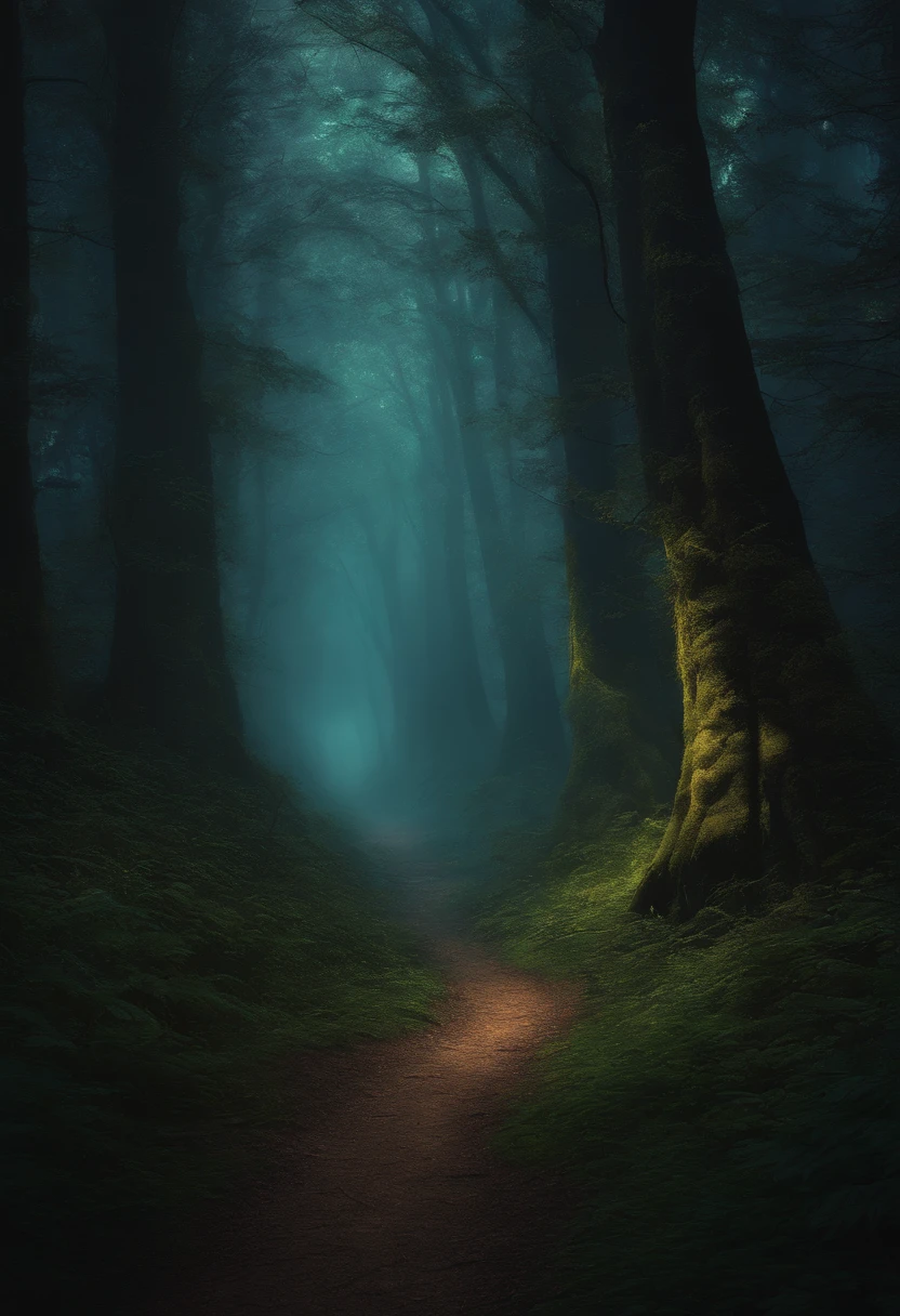 a dark forest with a path, ghost on path, fantasy, digital painting, detailed