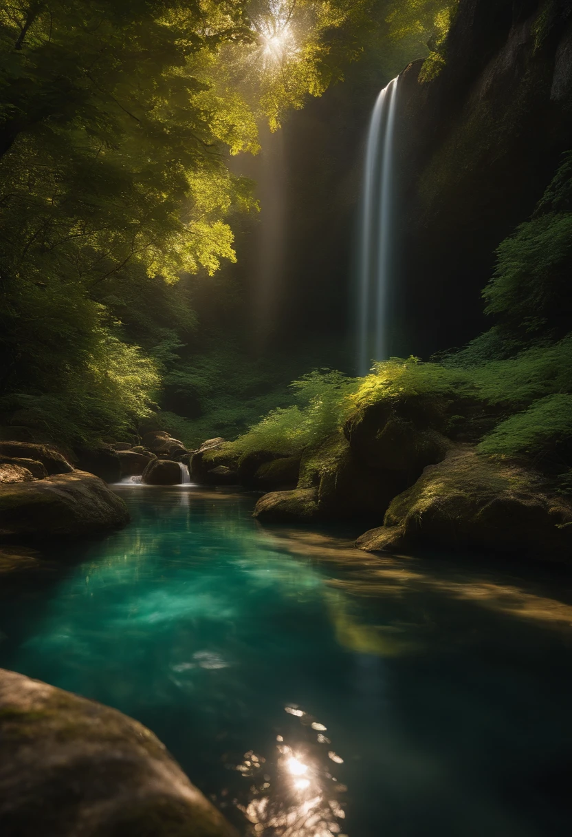 A deep and secluded valley, a small stream babbling, flanked by dense trees and vines, sunlight shining through the gaps in the leaves to form a mysterious light and shadow on the surface of the pool。