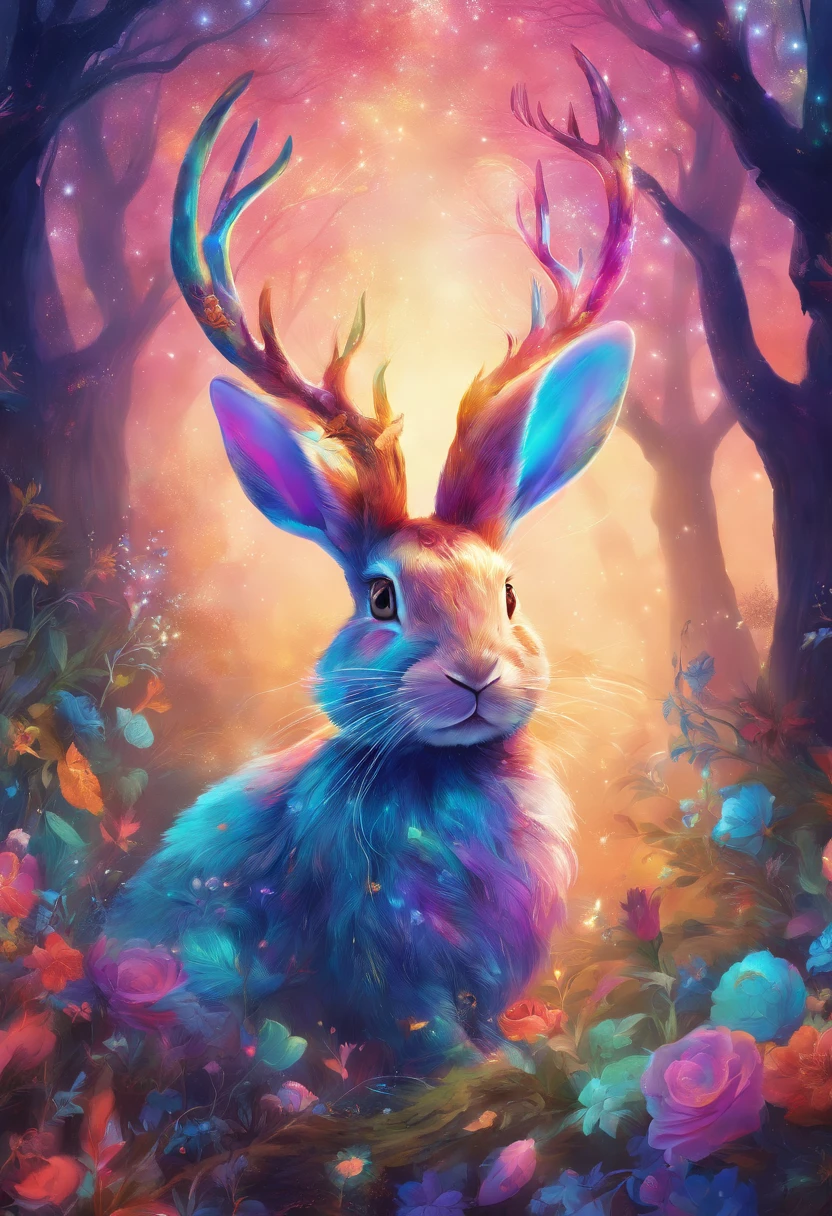 a colorful rabbit with antlers in a magical forest,soft pastel colors,horned bunny,whimsical fantasy creature,realistic fur texture,shimmering rainbow colored fur,golden antlers,sparkling eyes,mischievous smile,enchanting background with twinkling stars,ethereal lighting,creatures of the night tag,artistically detailed illustration,high resolution,scenic landscape,breathtaking view,vibrant hues,fantasy art style
