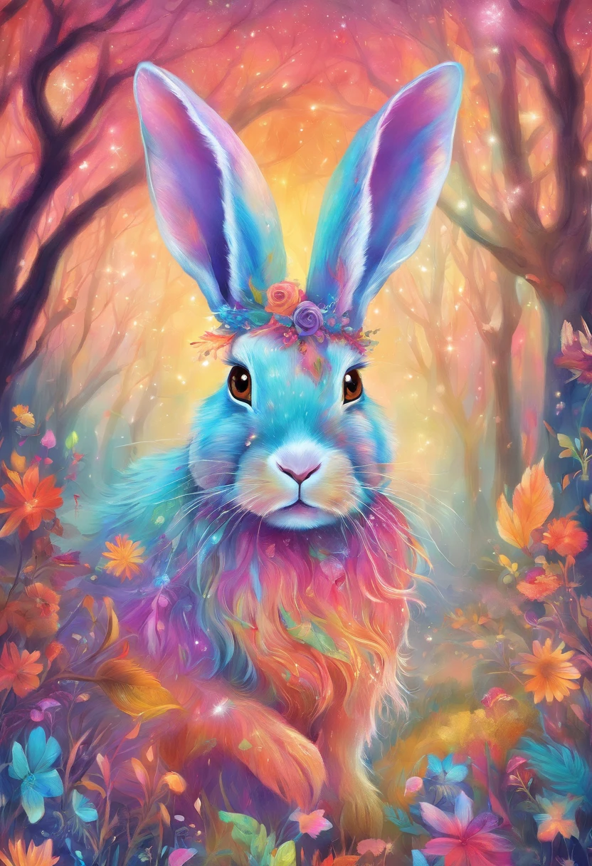 a colorful rabbit with antlers in a magical forest,soft pastel colors,horned bunny,whimsical fantasy creature,realistic fur texture,shimmering rainbow colored fur,golden antlers,sparkling eyes,mischievous smile,enchanting background with twinkling stars,ethereal lighting,creatures of the night tag,artistically detailed illustration,high resolution,scenic landscape,breathtaking view,vibrant hues,fantasy art style