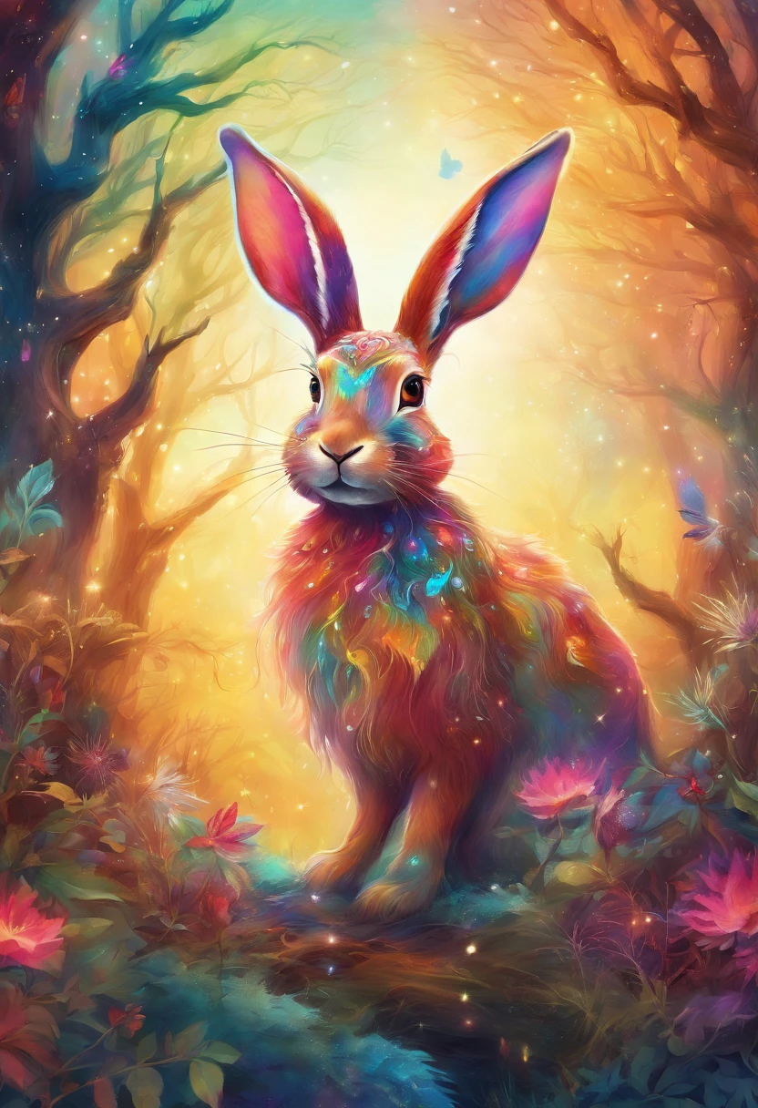 a colorful rabbit with antlers in a magical forest,soft pastel colors,horned bunny,whimsical fantasy creature,realistic fur texture,shimmering rainbow colored fur,golden antlers,sparkling eyes,mischievous smile,enchanting background with twinkling stars,ethereal lighting,creatures of the night tag,artistically detailed illustration,high resolution,scenic landscape,breathtaking view,vibrant hues,fantasy art style