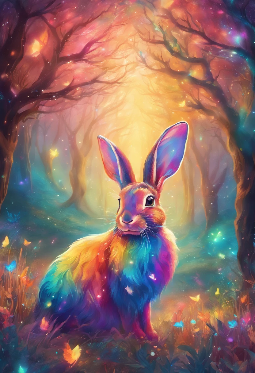 a colorful rabbit with antlers in a magical forest,soft pastel colors,horned bunny,whimsical fantasy creature,realistic fur texture,shimmering rainbow colored fur,golden antlers,sparkling eyes,mischievous smile,enchanting background with twinkling stars,ethereal lighting,creatures of the night tag,artistically detailed illustration,high resolution,scenic landscape,breathtaking view,vibrant hues,fantasy art style