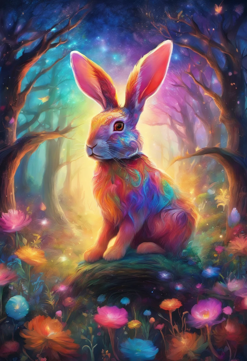 a colorful rabbit with antlers in a magical forest,soft pastel colors,horned bunny,whimsical fantasy creature,realistic fur texture,shimmering rainbow colored fur,golden antlers,sparkling eyes,mischievous smile,enchanting background with twinkling stars,ethereal lighting,creatures of the night tag,artistically detailed illustration,high resolution,scenic landscape,breathtaking view,vibrant hues,fantasy art style