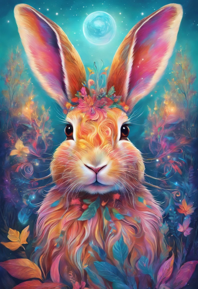 a colorful rabbit with antlers in a magical forest,soft pastel colors,horned bunny,whimsical fantasy creature,realistic fur texture,shimmering rainbow colored fur,golden antlers,sparkling eyes,mischievous smile,enchanting background with twinkling stars,ethereal lighting,creatures of the night tag,artistically detailed illustration,high resolution,scenic landscape,breathtaking view,vibrant hues,fantasy art style