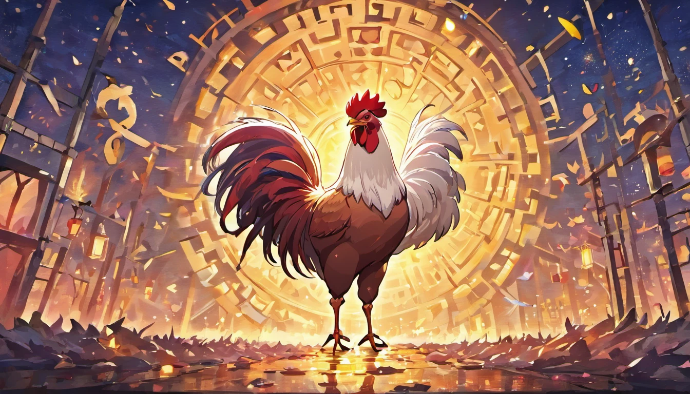 Mid-Autumn Festival,(large moon),(((((Zodiac chicken))))),tradit,celebrating,fire works,((Kongming Lantern)),Don't anthropomorphize,Don't be human,In the celebration street