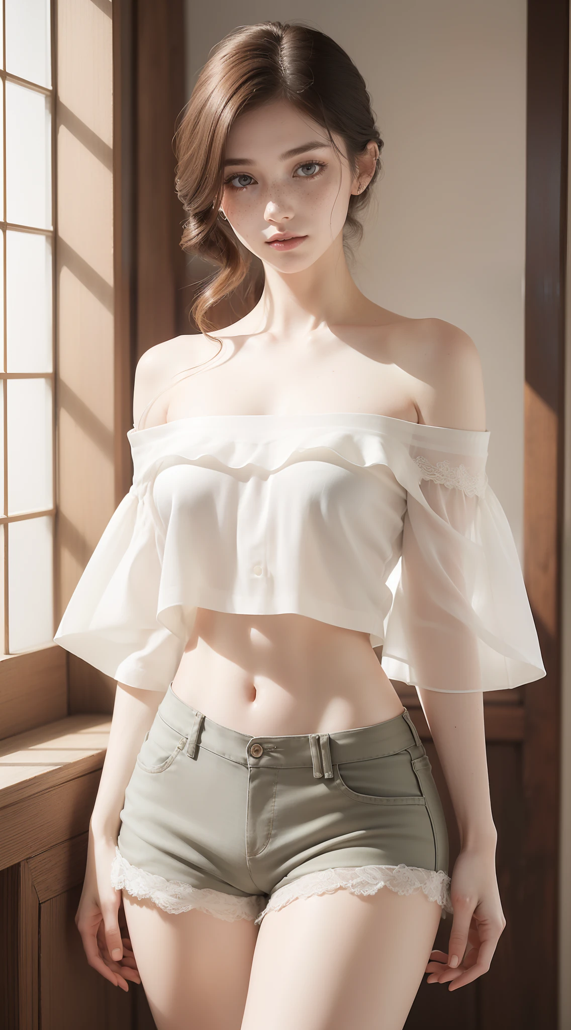 dynamic pose:1.3,1girl,pale skin,delicate face,freckles, intricate details,skinny,(linen off shoulder blouse,shorts),(wide thighs:1.3,wide legs:1.3),intricate details,white background,(best quality:1.2,ultra-detailed,realistic:1.37),portrait,soft colors,polished lighting
