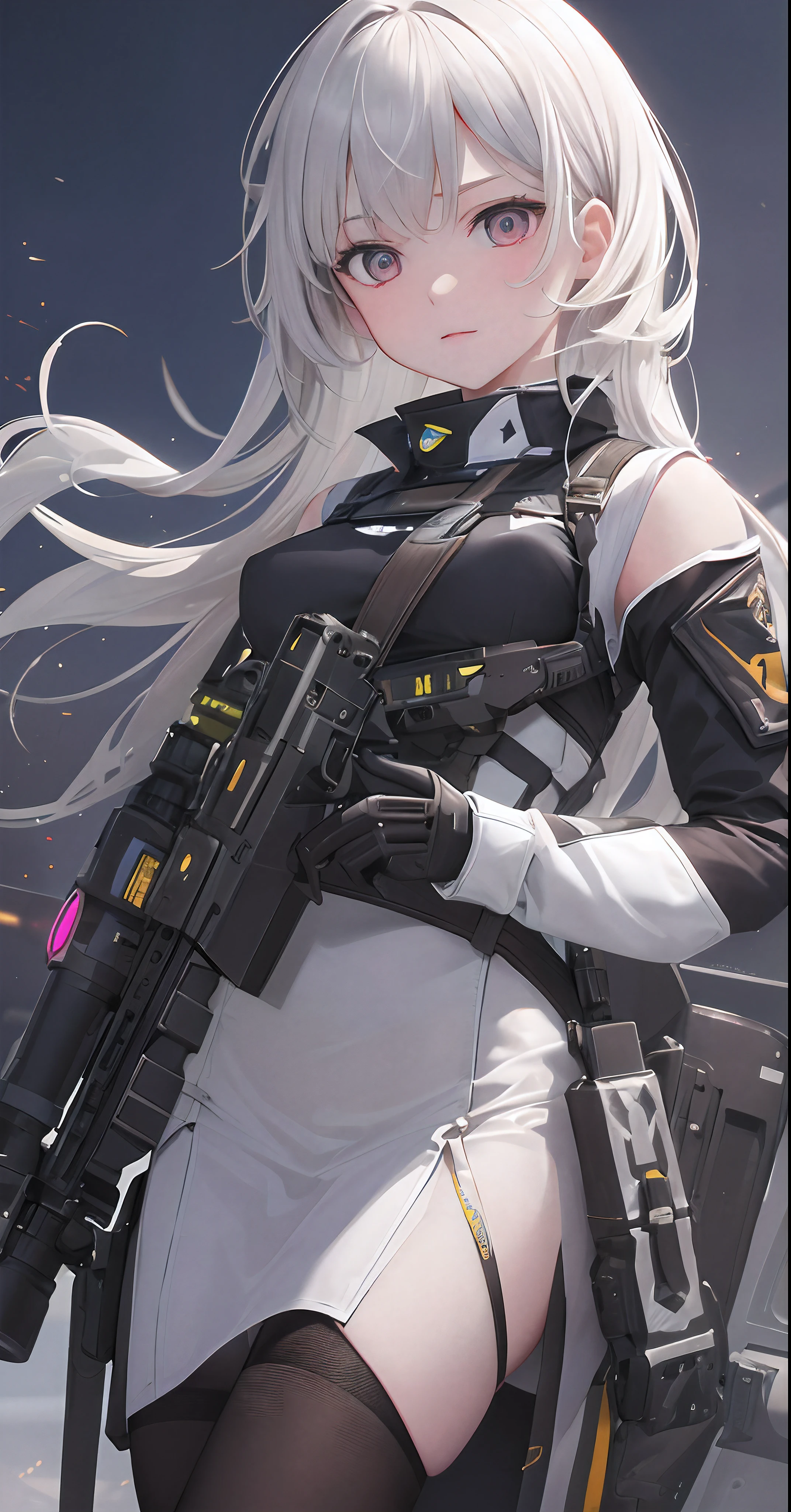 a perfect illustration of artifical intelliengence(。.AI) 5143 years into the future, 8K, Extremely detailed , flawless,hyperdetailed face,Bitgirl,A device with an optical rifle in both hands,Background of the near future,During night combat,Rifle shooting scene,sharp eye,Dress Type