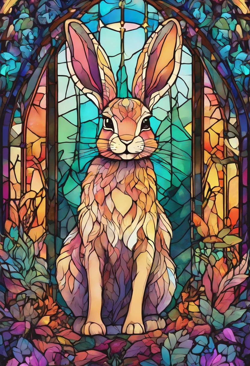 a colorful rabbit with antlers in a magical forest,soft pastel colors,horned bunny,whimsical fantasy creature,realistic fur texture,shimmering rainbow colored fur,golden antlers,sparkling eyes,mischievous smile,enchanting background with twinkling stars,ethereal lighting,creatures of the night tag,artistically detailed illustration,high resolution,scenic landscape,breathtaking view,vibrant hues,fantasy art style