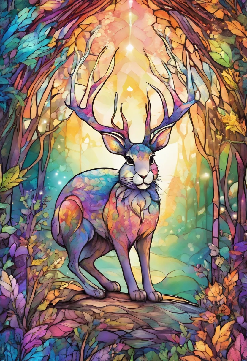 a colorful rabbit with antlers in a magical forest,soft pastel colors,horned bunny,whimsical fantasy creature,realistic fur texture,shimmering rainbow colored fur,golden antlers,sparkling eyes,mischievous smile,enchanting background with twinkling stars,ethereal lighting,creatures of the night tag,artistically detailed illustration,high resolution,scenic landscape,breathtaking view,vibrant hues,fantasy art style