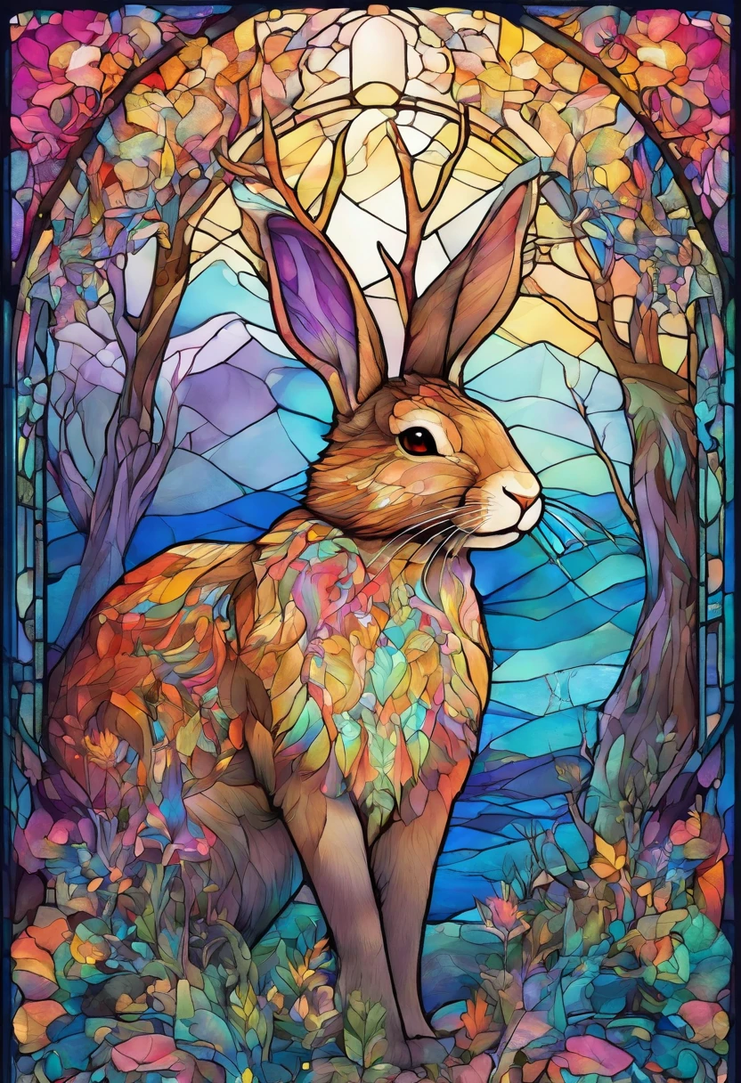 a colorful rabbit with antlers in a magical forest,soft pastel colors,horned bunny,whimsical fantasy creature,realistic fur texture,shimmering rainbow colored fur,golden antlers,sparkling eyes,mischievous smile,enchanting background with twinkling stars,ethereal lighting,creatures of the night tag,artistically detailed illustration,high resolution,scenic landscape,breathtaking view,vibrant hues,fantasy art style