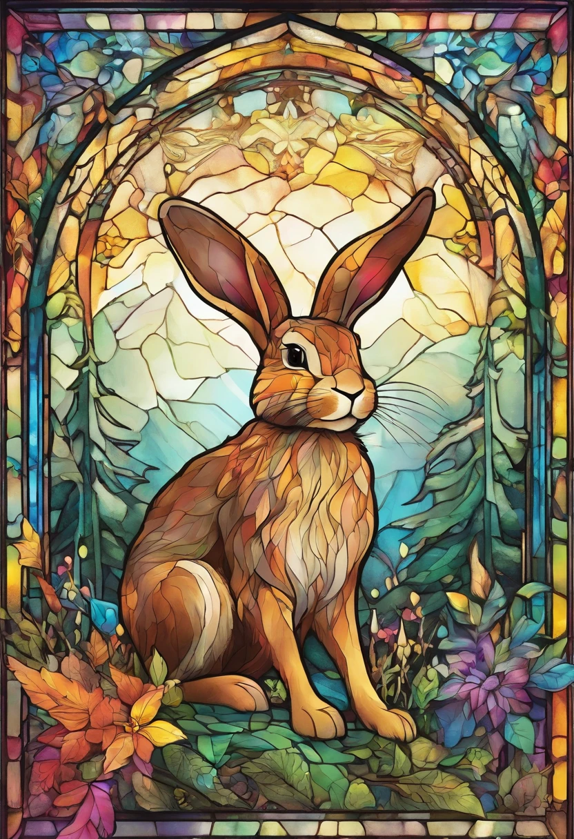 a colorful rabbit with antlers in a magical forest,soft pastel colors,horned bunny,whimsical fantasy creature,realistic fur texture,shimmering rainbow colored fur,golden antlers,sparkling eyes,mischievous smile,enchanting background with twinkling stars,ethereal lighting,creatures of the night tag,artistically detailed illustration,high resolution,scenic landscape,breathtaking view,vibrant hues,fantasy art style