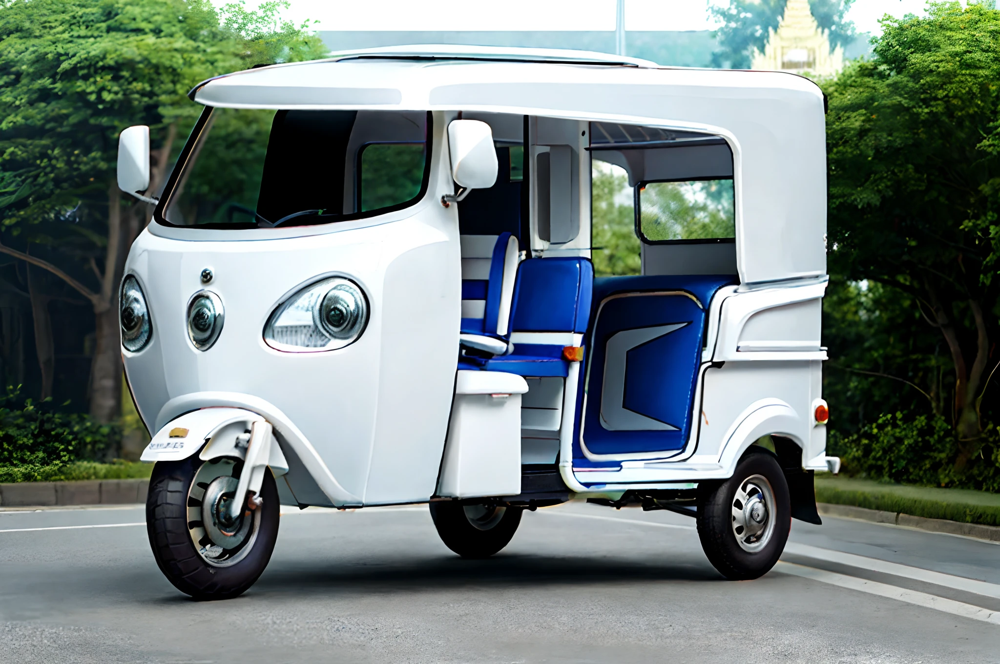 Three-wheeled tuk-tuk，White car paint shape，Rich shapes，Overall roundness，Drive on the streets of Cambodia。