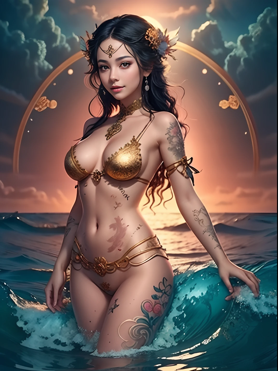 ,beautiful goddess emerging from the ocean, caucasian girl with shiny silver hair, full female body, golden eyes, wild waves, big waves, oriental mandala tattoos, transparent dresses, skin wet with water, stormy sky, sunset sky red stormy clouds, ancient temple floating in the sea, floating old clock, lamp, lantern, beautiful girl with a slight smile, transparent blouse, black vikini, fantasy, fractal,,  Sakimichan-style art, slight smile, legs open, pubic hair view, 1 sexy girl, exposed breasts, open transparent T-shirt, Mandala and flower tattoos, Best Quality ,black hair fused with platinum and gold, naked girl, visible beautiful pubic area, pink pesons, small breasts in sight, tattoos on the naked body, old floating clock, lamp, lantern , skin wet with water,  open legs,